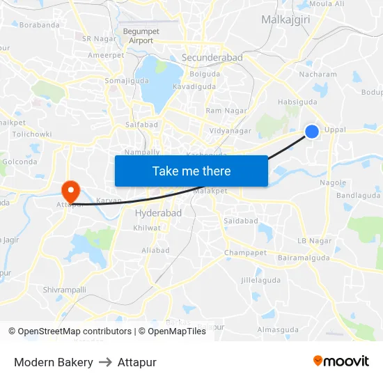 Modern Bakery to Attapur map