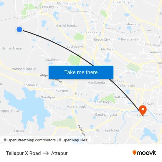 Tellapur X Road to Attapur map