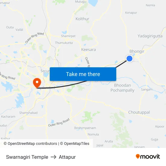 Swarnagiri Temple to Attapur map