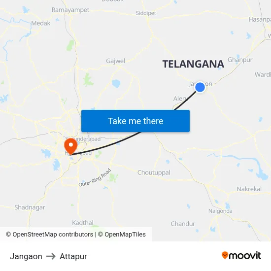 Jangaon to Attapur map