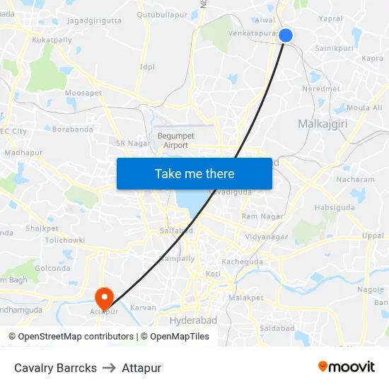 Cavalry Barrcks to Attapur map