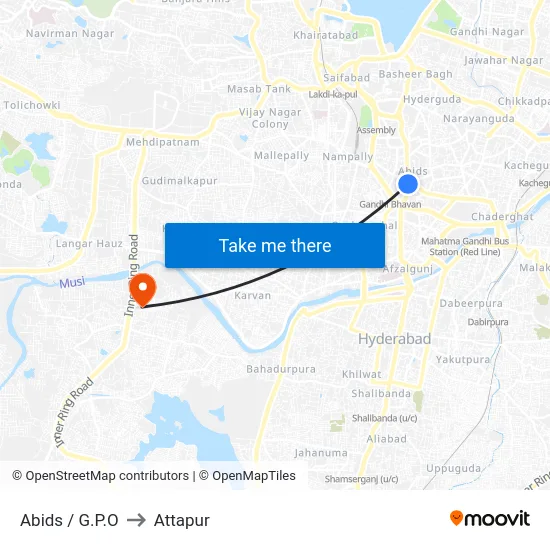 Abids / G.P.O to Attapur map