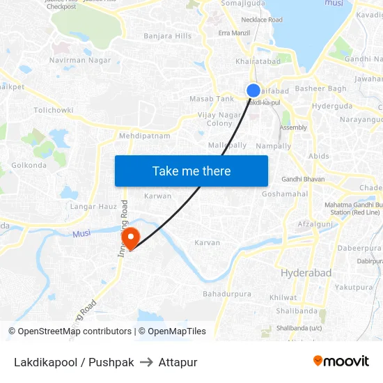 Lakdikapool / Pushpak to Attapur map