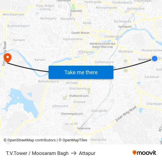 T.V.Tower / Moosaram Bagh to Attapur map