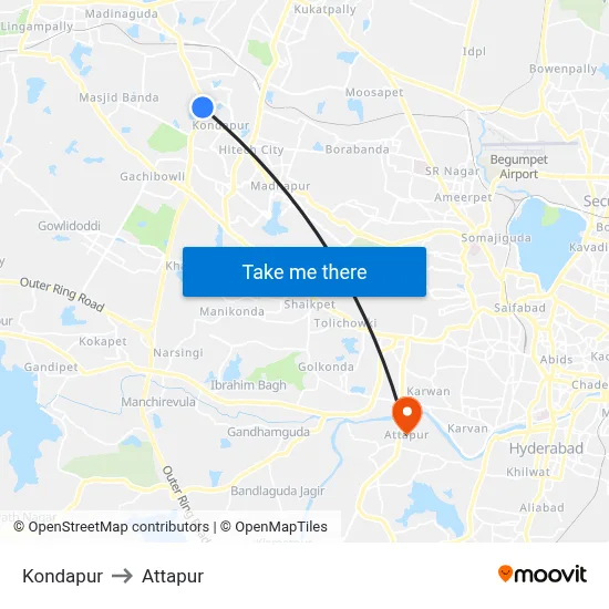 Kondapur to Attapur map