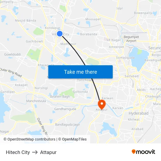 Hitech City to Attapur map
