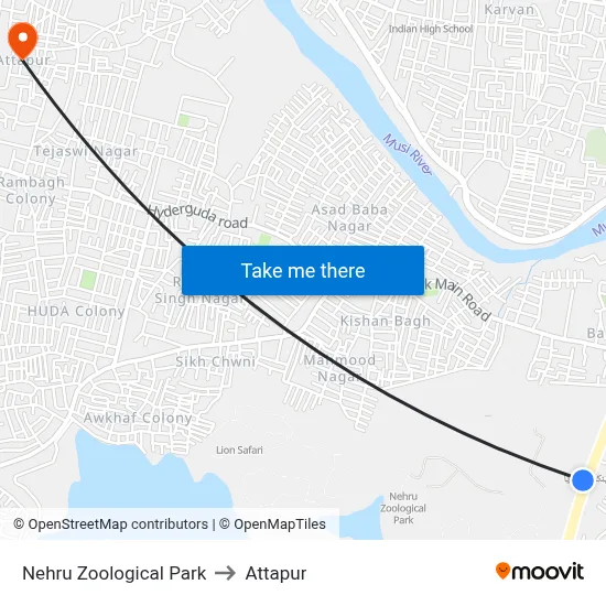 Nehru Zoological Park to Attapur map