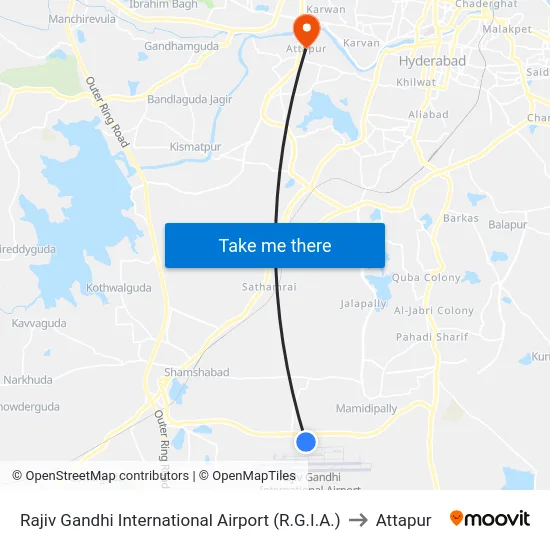 Rajiv Gandhi International Airport (R.G.I.A.) to Attapur map