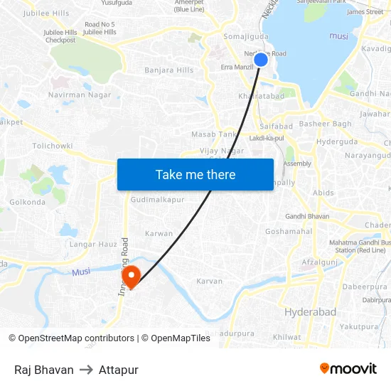 Raj Bhavan to Attapur map