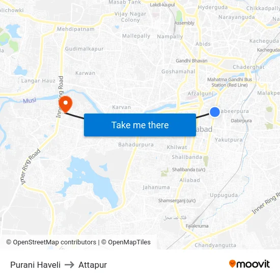 Purani Haveli to Attapur map