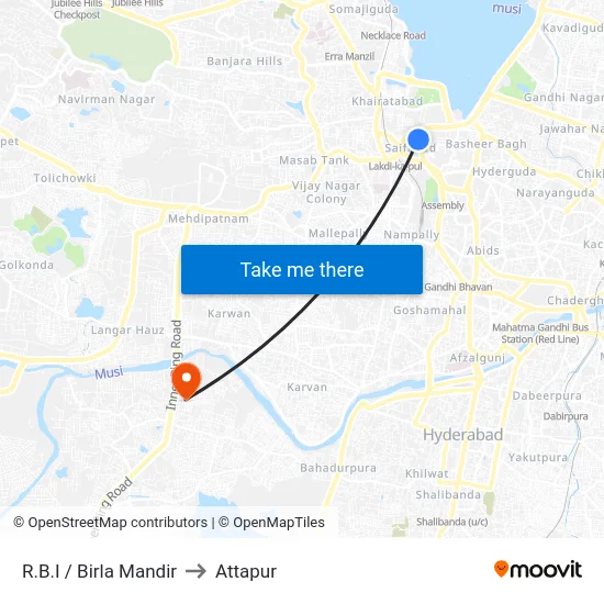 R.B.I / Birla Mandir to Attapur map