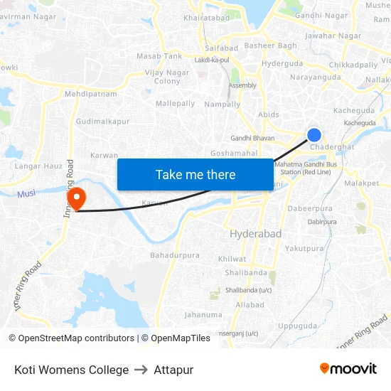 Koti Womens College to Attapur map