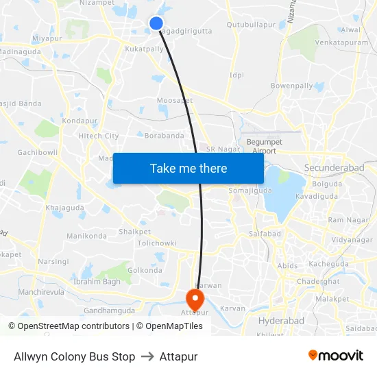 Allwyn Colony Bus Stop to Attapur map