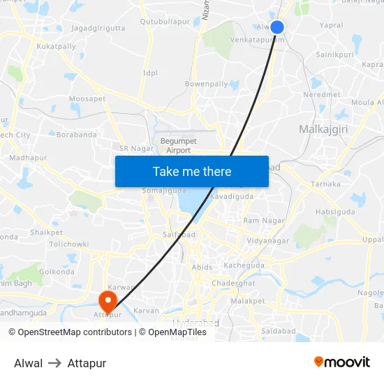 Alwal to Attapur map