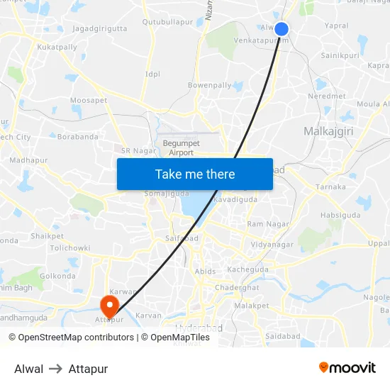 Alwal to Attapur map