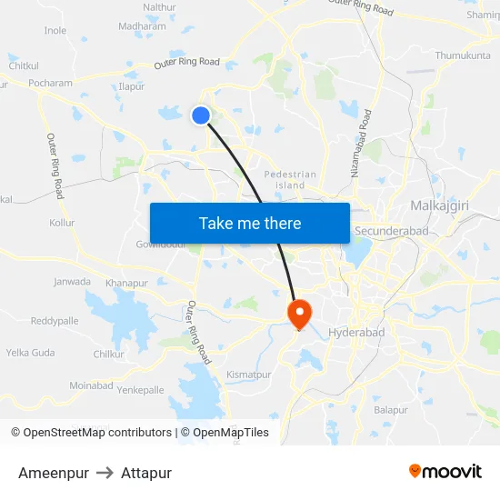 Ameenpur to Attapur map