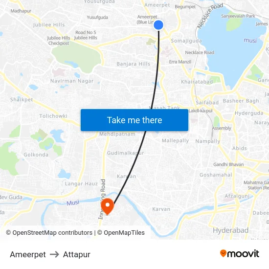 Ameerpet to Attapur map