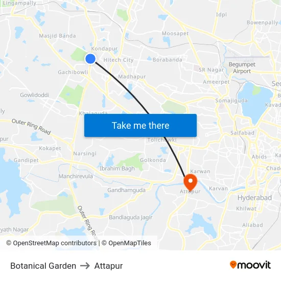 Botanical Garden to Attapur map