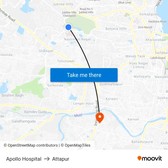 Apollo Hospital to Attapur map