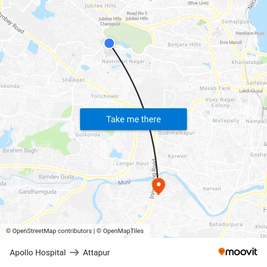 Apollo Hospital to Attapur map