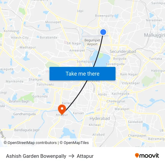 Ashish Garden Bowenpally to Attapur map