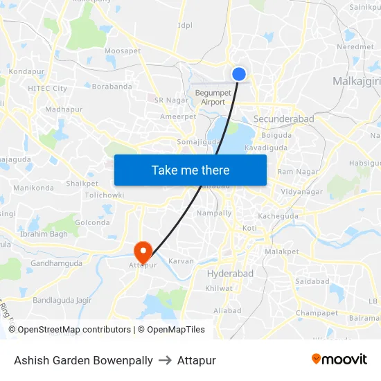 Ashish Garden Bowenpally to Attapur map