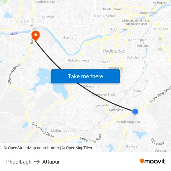 Phoolbagh to Attapur map