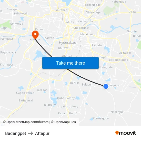 Badangpet to Attapur map