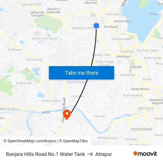 Banjara Hills Road No.1 Water Tank to Attapur map