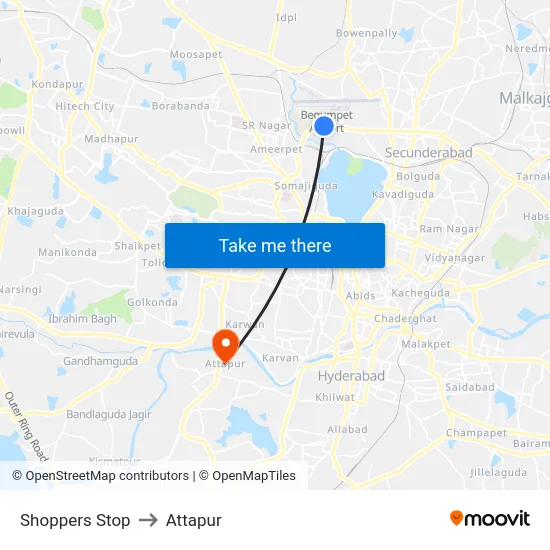 Shoppers Stop to Attapur map