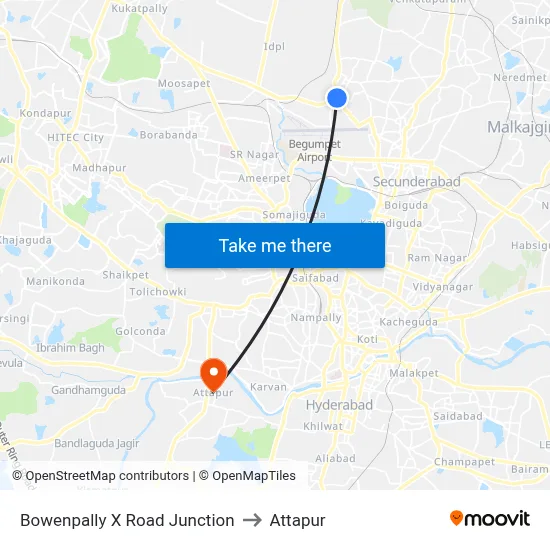 Bowenpally X Road Junction to Attapur map
