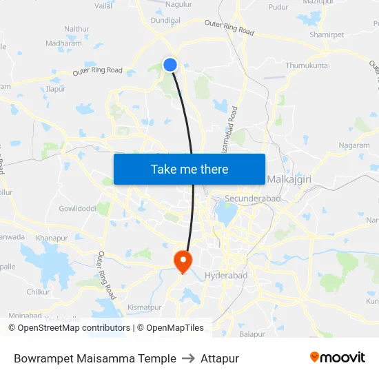 Bowrampet Maisamma Temple to Attapur map