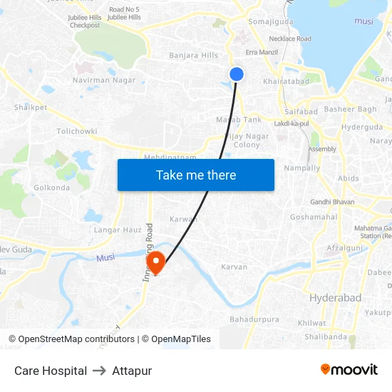 Care Hospital to Attapur map