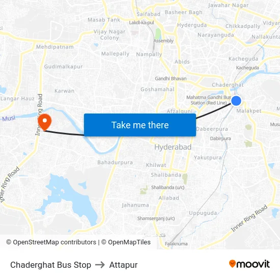 Chaderghat Bus Stop to Attapur map