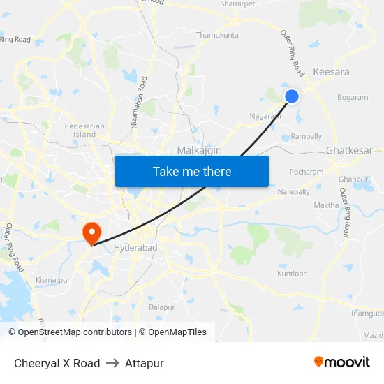 Cheeryal X Road to Attapur map