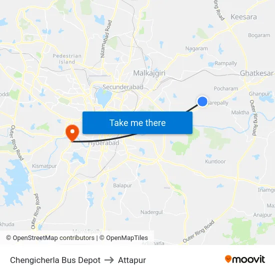 Chengicherla Bus Depot to Attapur map