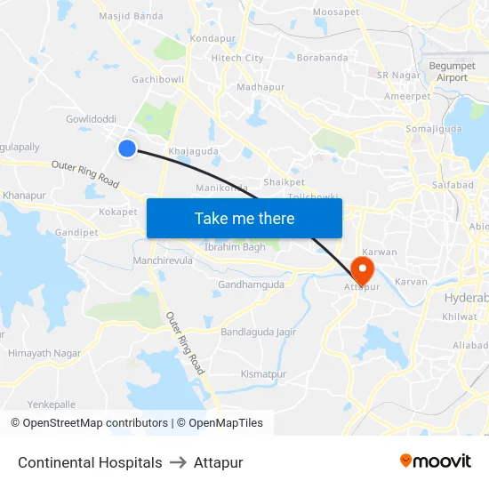Continental Hospitals to Attapur map