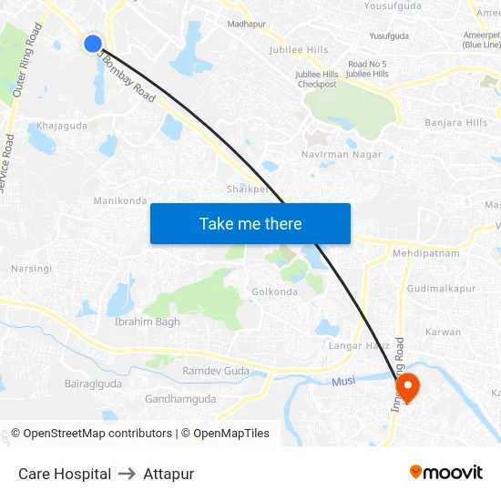 Care Hospital to Attapur map