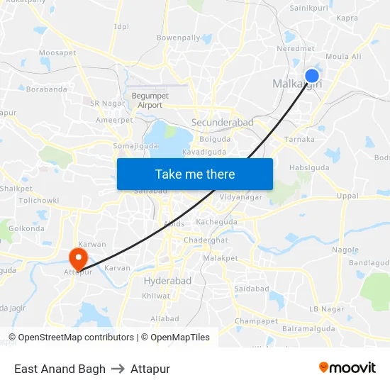 East Anand Bagh to Attapur map