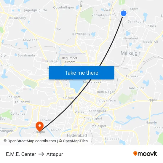 E.M.E. Center to Attapur map
