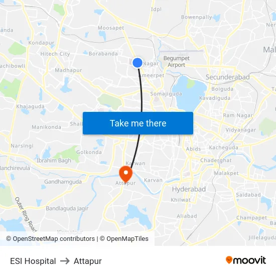 ESI Hospital to Attapur map
