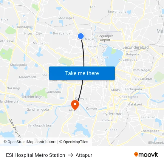 ESI Hospital Metro Station to Attapur map