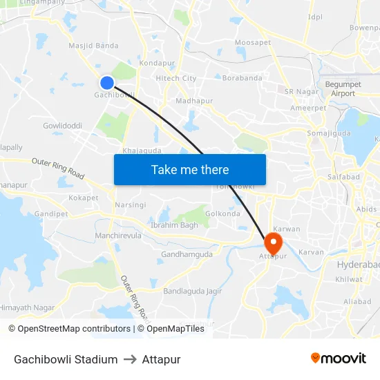 Gachibowli Stadium to Attapur map