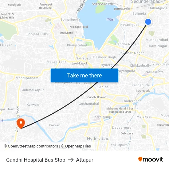 Gandhi Hospital Bus Stop to Attapur map