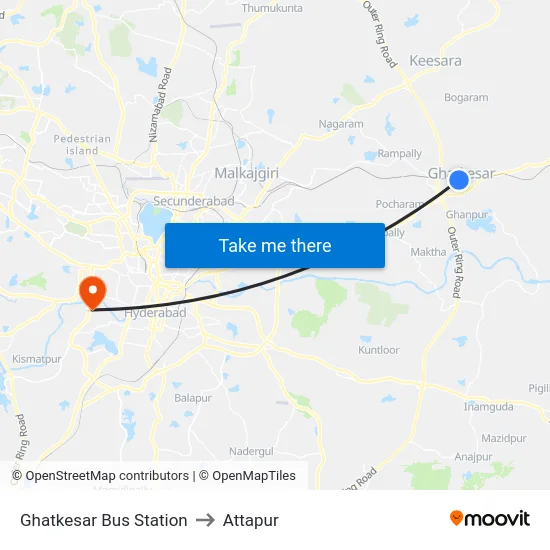 Ghatkesar Bus Station to Attapur map