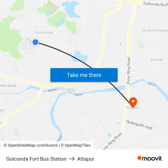 Golconda Fort Bus Station to Attapur map