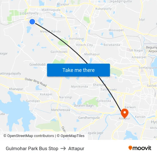Gulmohar Park Bus Stop to Attapur map