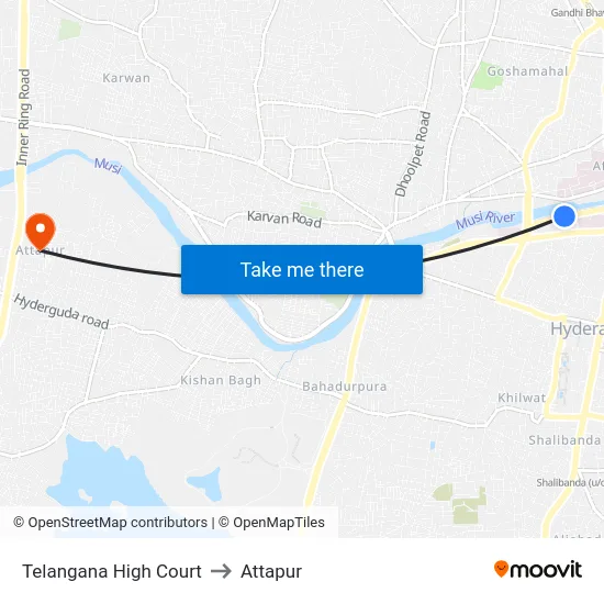 Telangana High Court to Attapur map