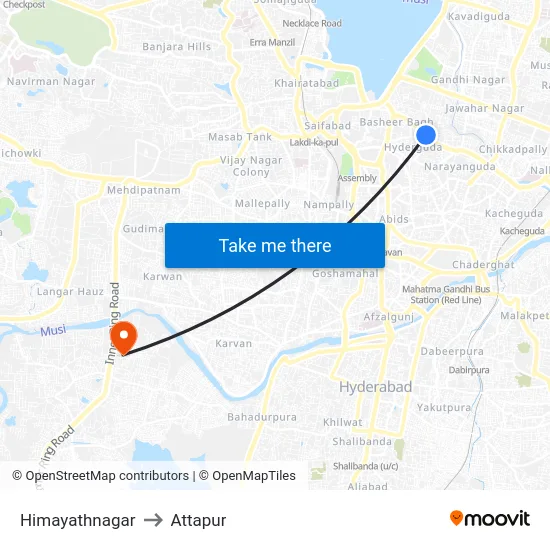 Himayathnagar to Attapur map
