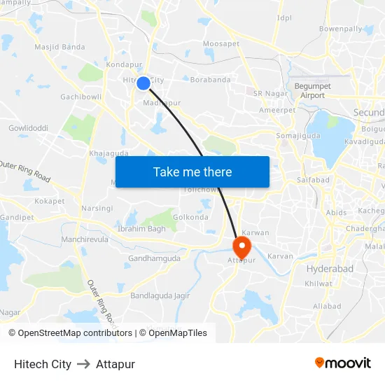 Hitech City to Attapur map